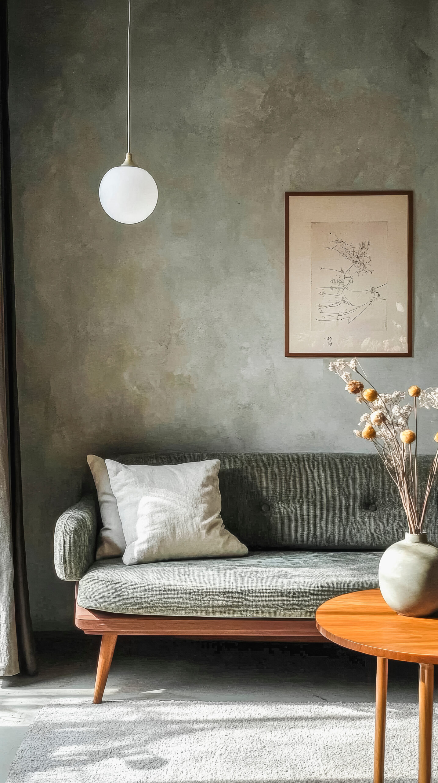 Grey Wall Room with grey Sofa, vibrant plant, and hanging light
