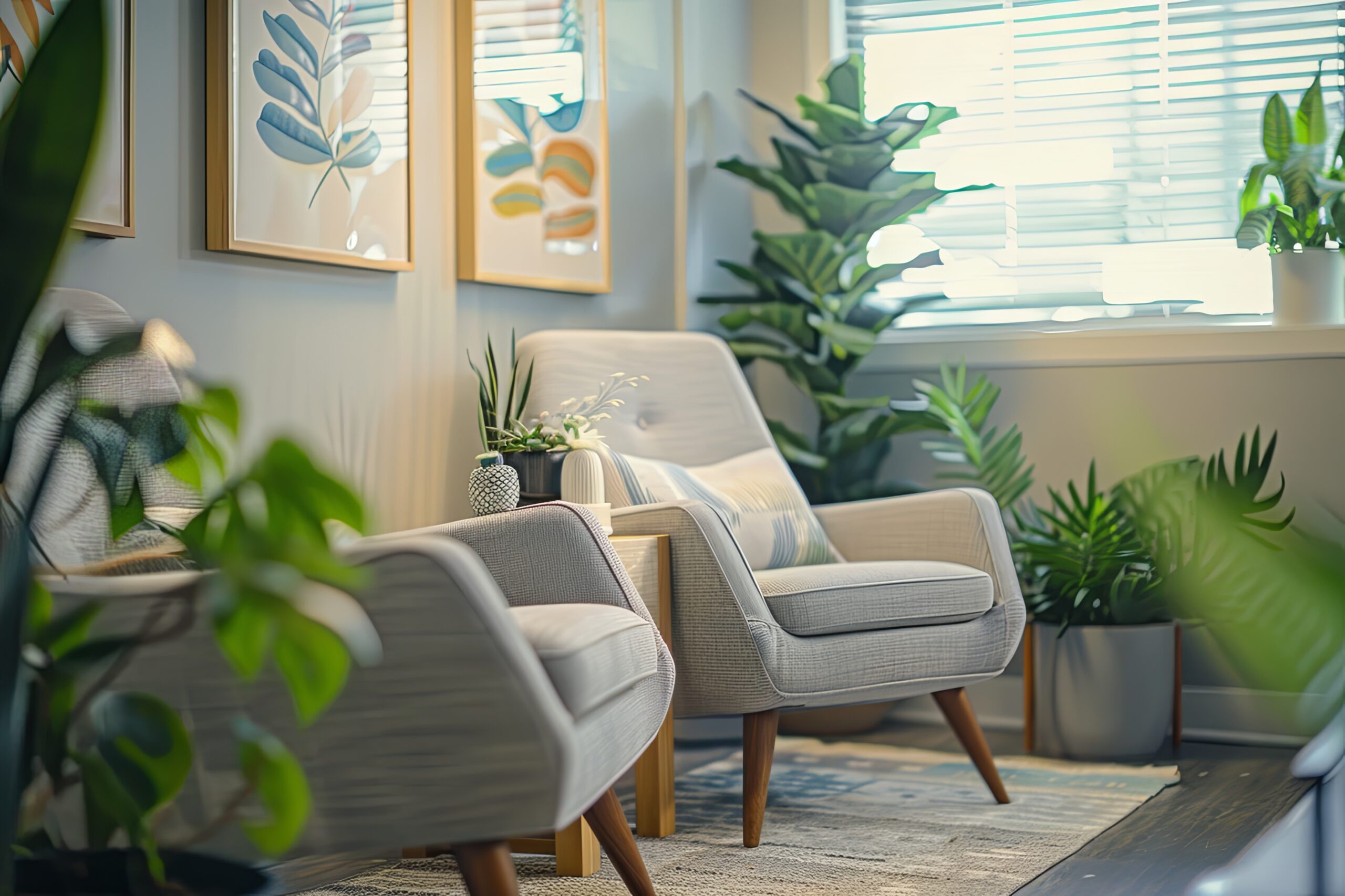 A well-lit therapy office with two comfortable chairs, a small table, and several plants.